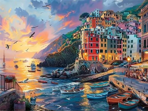 Musevial Paint by Numbers for Adult,Sunset Landscape DIY Canvas Oil Painting Kit with Paintbrushes Acrylic Pigment Drawing Paintwork 12X16 Inch (Lake and Town)