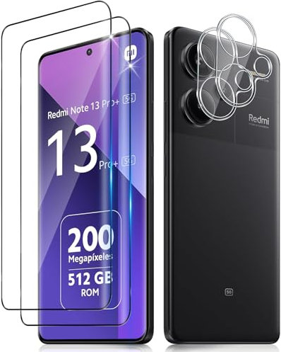 Funrae 3D Protector de Pantalla Cobertura Completo para Xiaomi Redmi Note 13 Pro Plus 5G y Protector de Lente de Cámara [2+2 PCS], 9H HD Anti-Arañazos Cristal Templado Protección