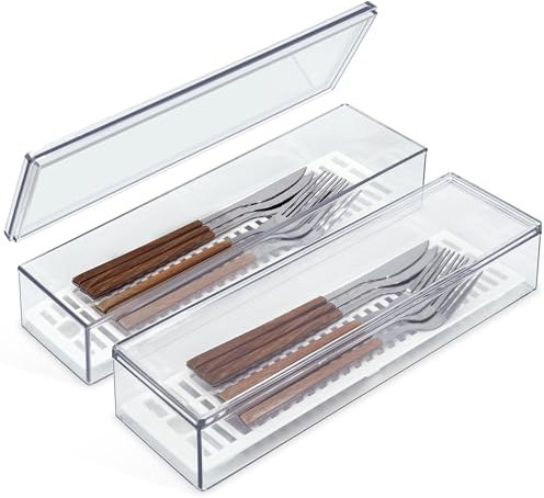 EAZTTOUZ Clear Silverware organizer with lid, Plastic Flatware Storage Box, Kitchen Drawer Organizer tray, Cutlery Utensil Holder