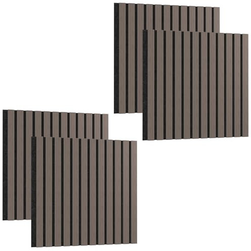 Aufun 4er-Set Akustikpaneele Holz Schallabsorbierende Wandverkleidung Selbstklebend 60x60 cm, Muster Set Holz Wandpaneel auf Akustik-Filz, Lamellenwand für Wohnzimmer, Büro, Garderobe (Grau)