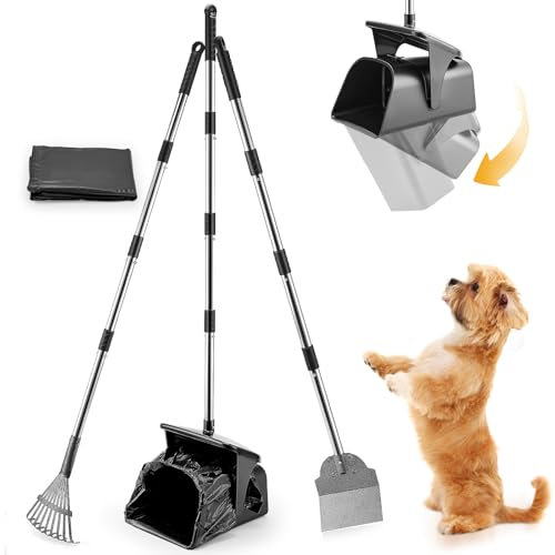 Iptienda Pooper Scooper 3pcs,Dog Pooper Scooper Metal,119cm Pooper Scooper Long Handle Adjustable Swivel Bin& Rake& Spade,Poop Scoops with 10 thickened Waste Bags for Yard, Path, Lawn & Garden Leaves