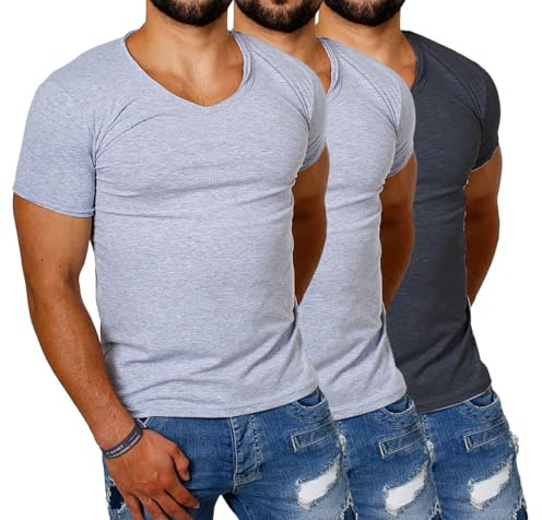 Carisma Herren Uni Basic T-Shirt mit tiefem V-Ausschnitt Vintage Destroyed Kragen Effekt einfarbig Dehnbare Passform, Grösse:M, Farbe:2X Grau / 1x Dunkelgrau (3er Pack)