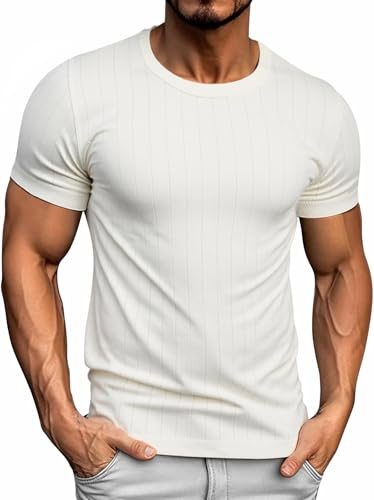 Genfien T-Shirt für Herren Strick Kurz Ärmel Rundhalsausschnitt Regular Fit Einfarbige Farbe Strickhemden