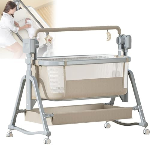 Elektrisches Babybett, Beistellbett, Babywiege, umbaubare tragbare Babyschaukel mit Bluetooth-Musikfernbedienung, Matratze, Aufbewahrungskorb und Moskitonetz,Beige
