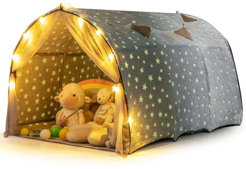 HONEY JOY Bed Tent for Kids, Large Twin Bed Canopy w/Star Lights, Flags, Glow in The Dark, Indoor Outdoor Toddler Playhouse, 54 x 40 x 32, Kids Tent for Girls & Boys Aged 3+