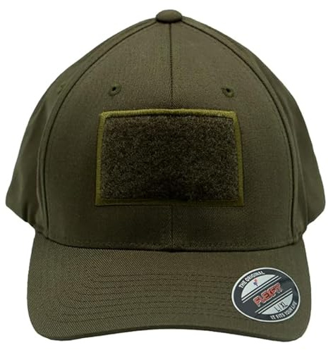 Café Viereck Tactical Cap Unisex Flexfit Wooly Combed – Olivgrün L/XL 57-61 cm beige Baseballcap mit Flauschfläche 9x6 cm für Klett Patches – komfortable, Schirmmütze für Männer und Frauen