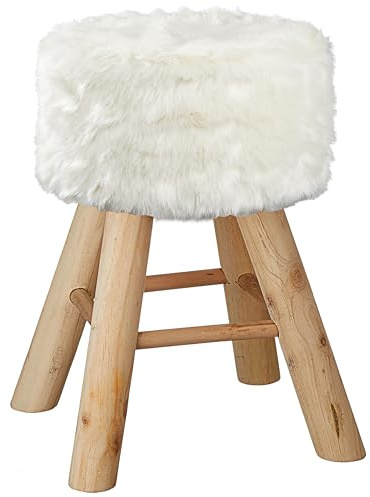 Cepewa Fellhocker weiß rund | 28x40cm Kiefer Polyester Schaumstoff | Sitzhocker mit Kunstfell und Holzfüssen (1 x Fellhocker rund)