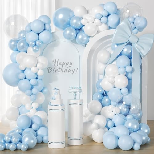 Kit per arco di palloncini blu, 128 pezzi, palloncini blu e bianchi, doppi ripieni di colore azzurro e bianco perla, palloncini BOBO per compleanno, orso, matrimonio, sposa, anniversario, baby shower