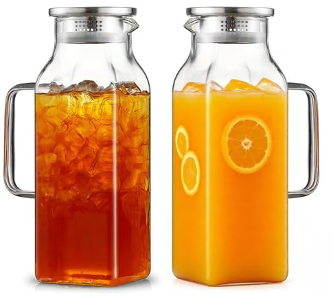 2-Pack Borosilicate Glass Pitchers 2L/68oz - Heat Resistant Square Carafe with Lid, Handle & Spout | for Iced Tea, Coffee, Milk, Juice & Cold/Hot Beverages (Fridge Safe)