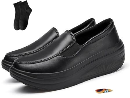 POIOZXD Women's Ergonomic Pain Relief Arch Support Leather Shoes, Platform Wedge Women's Walking Shoes Slip on Loafers Comfy Lightweight Rocker Bottom Sneakers Nurse Shoe (Black,6)