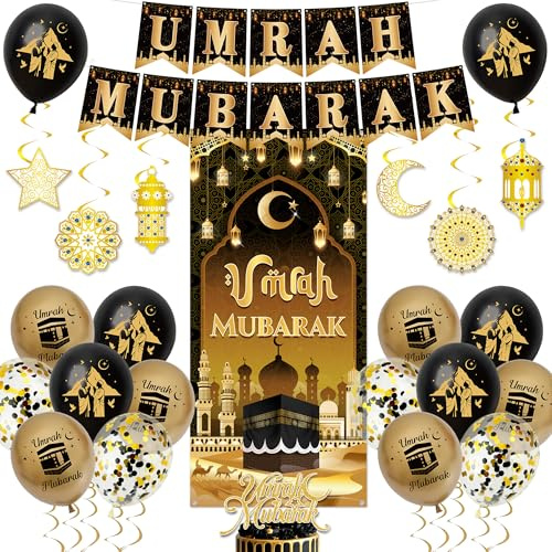Umrah Mubarak Deko Ballons Banner - Hajj Dekoration Schwarz Gold Luftballons Girlande Tortendeko, Türbanner und Hängende Swirls für Muslim Party Islamische Festival Dekorations