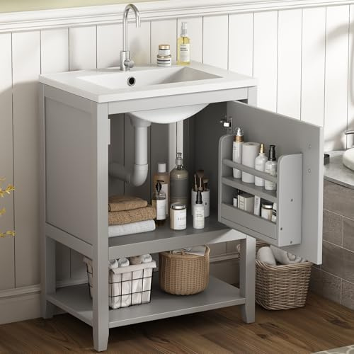 VIVCA Mueble de baño individual de 60 cm con lavabo de cerámica, con estante, color gris claro.