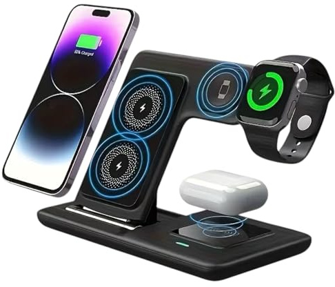 Cargador Inalámbrico 3 en 1 POINT&GO – Base de Carga Rápida Qi para iPhone, Samsung, OPPO, Xiaomi y Android, Apple Watch y Auriculares, Seguro y Compacto, Todo en uno. Color Negro