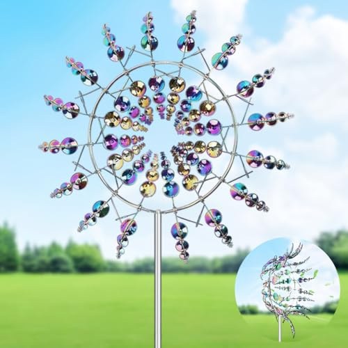 DASIAUTOEM Magische Windmühle, 3D Windrad Edelstahl, Windspiel Garten mit Gartenpfahl, Wind Spinner im Freien, 360° Dual Rotors kinetische Wind Spinner für Hof, Garten, Terrasse, Dekoration (Bunt)