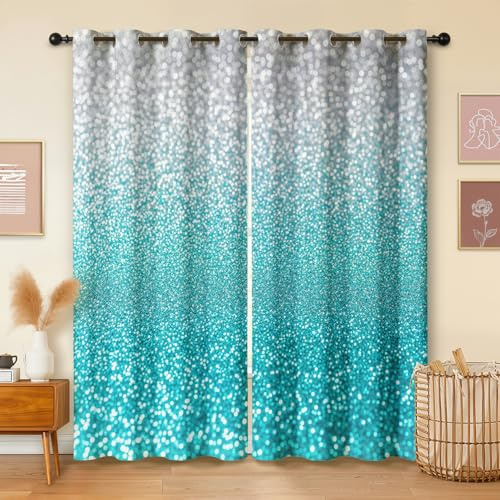Havenix Glitzer Türkis Vorhänge Blickdicht mit ösen Farbverlauf Silber Pailletten Optik Gardinen Wohnzimmer Verdunklungsvorhänge für Schlafzimmer Fenster Vorhang 137 cm Lang 2er Set