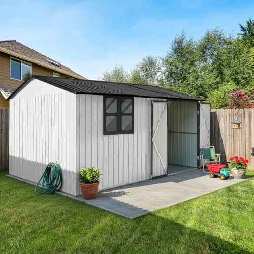 Metall Gerätehaus 362 x 285,5 cm, 10,34 m² – Stahl Gartenschuppen Wetterfest, Abschließbar mit Fenster, Regalen & klappbarer Werkbank – Weiß-Schw