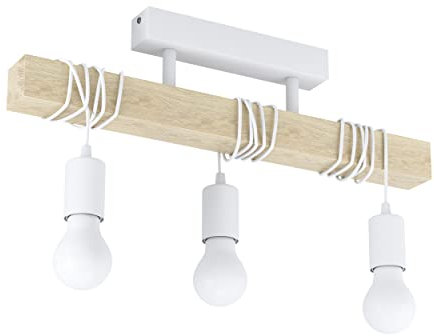 EGLO Deckenlampe Townshend, 3 flammige Vintage Deckenleuchte im Industrial Design, Retro Pendelleuchte aus Stahl und Holz, Farbe: Weiß, braun, Fassung: E27