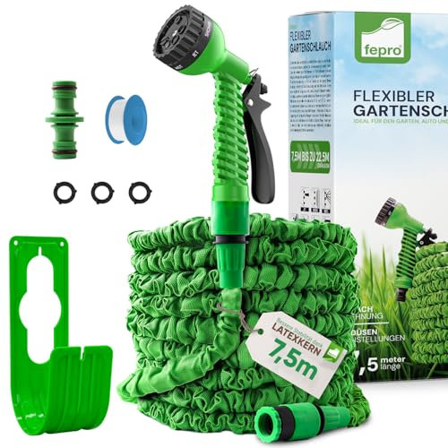 Florafix Flexibler Gartenschlauch, 7,5M 25FT FlexiSchlauch Schlauch Bewässerungs-Schlauch Wasserschlauch Dehnbar mit 8 Funktion Garten Handbrause aus robustem Kreuzgewebe (2,5M Ausgedehnt 7,5M)