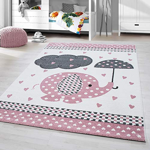 HomebyHome Kinderteppich Rosa 120 cm Rund Elefanten mit Regenschirm Kleiner Mädchen Teppich Kinderzimmer Kurzflor Teppich Extra Weich Antiallergen Babyzimmer Teppich