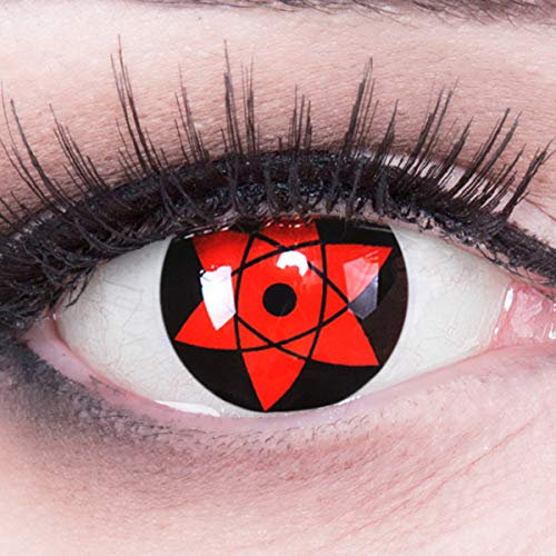Meralens 1 Paar Farbige Anime Sharingan Kontaktlinsen Uchiha in rot schwarz perfekt zu Manga Hereos of Cosplay, Halloween mit gratis Kontaktlinsenbehälter rote 12 Monatslinsen ohne Stärke