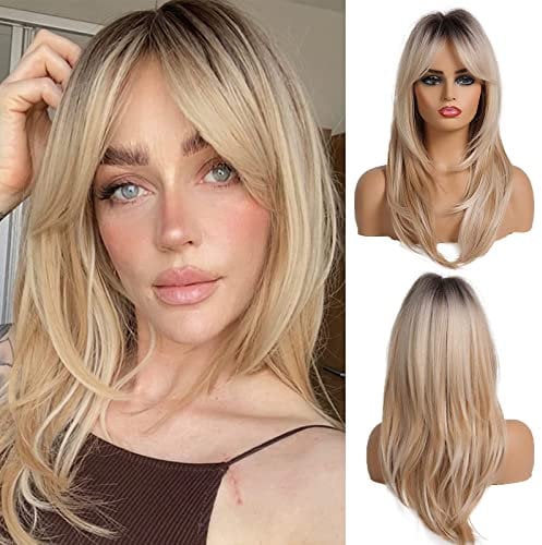 OUFEI 20 Zoll Lange Gerade Blonde Geschichtete Synthetische Haarperücken Für Frauen Mit Dunklen Wurzeln Für Den Täglichen