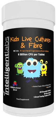 Kids Live Cultures & Fibre Chewable Tablets, 6B CFU, 60-Day Supply | Supports children gut health & Immunity. Gluten-free, no artificial sweeteners. No refrigeration needed.