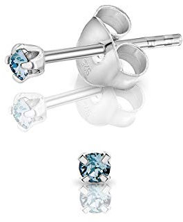 Pendientes Pequeños Plata de Ley 925 con Cristal Swarovski Redondos 2 mm - Pendientes Mujer Plata y Brillantes de Colores - Pendientes Azul Aguamarina