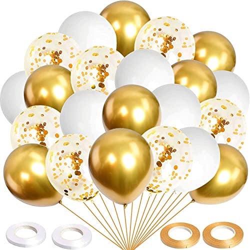 Q-WOOFF Palloncini Oro,Palloncini Compleanno, Set di 60 Palloncini Inclusi Palloncini Metallici Dorati, Palloncini coriandoli, Palloncini Bianchi e 4 Nastri. Adatto peraddobbi Compleanno