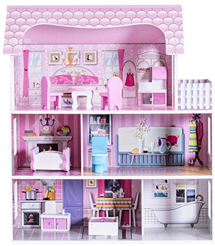 DREAMADE Casa delle Bambole Giocattolo per Bambini a 3 Piani con Mobili in MDF,con Mobili e Accessori Completi, 61 x 26,5 x 71 cm