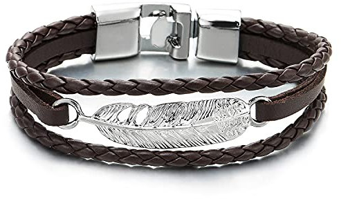 COOLSTEELANDBEYOND DREI Reihen Feder Braun Geflochtene Lederarmband für Herren Damen
