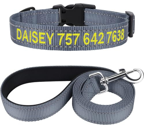 TagME Hundehalsband und Leine, Personalisierbar Reflektierendes Hundehalsband Mit 1.5M Doppelseitige Reflektierende Hundeleine für Kleine, Grau