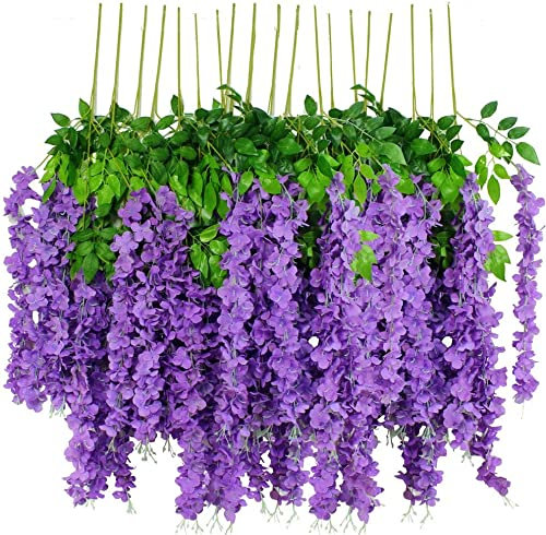 HanYun 12 Stück Künstliche Glyzinien Blumen, künstliche Glyzinie, Fake Wisteria Vine Kunstpflanzen Hängende Girlande, Seidenblumen, Schnur für Zuhause, Party, Hochzeit, Dekoration, (Lila-Dicht)