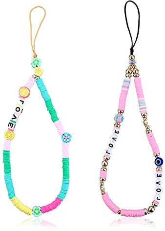 Sibba 2Pcs Phone Charms Beaded Phone Chain Rainbow Clay Beads Mobile Phone Lanyard String Keychain Evil Eye Love Flower Wrist Strap Bead Phone Chains Accessories For Women Girls (Style 2 phone charm)