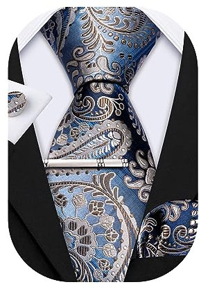 Barry.Wang Paisleymuster, Einstecktuch, Manschettenknöpfe, Seide, Blumenmuster, Einstecktuch, Blau / Hellbraun., Einheitsgröße