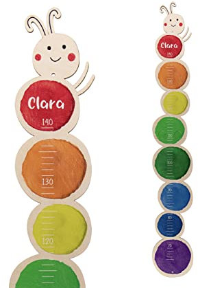 Kinder Messlatte 'Raupe' aus Holz mit eigenem Namen personalisiert, Motiv: bunte Raupe, ca. 15 x 100 cm