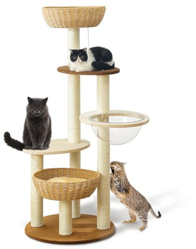 Modern Cat Tree Tower for Large Cats, Real Natural Sisal Luxury Cat Condo, Manual Hand Woven Wood Cat Tower, Indoor Cat Scratching Tree, New Cat Condo Lover Gift