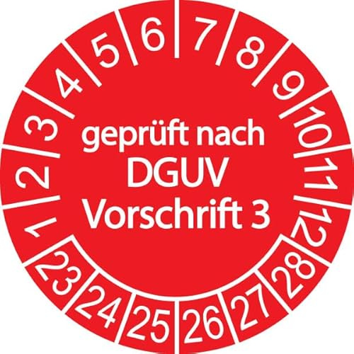 1000 x Prüfplakette/Sicherheitsplakette 30 mm Durchmesser mit untersch. Beschriftungen (1000 Stück, Geprüft nach DGUV 3 - rot)