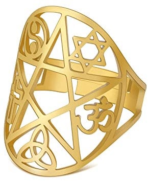KKJOY Edelstahl durchbrochene Pentagramm Ring mit Dekoration von sechs-fachen Stern, die acht Trigramme, keltischen Knoten, Kruzifix und OM Yoga-Symbole