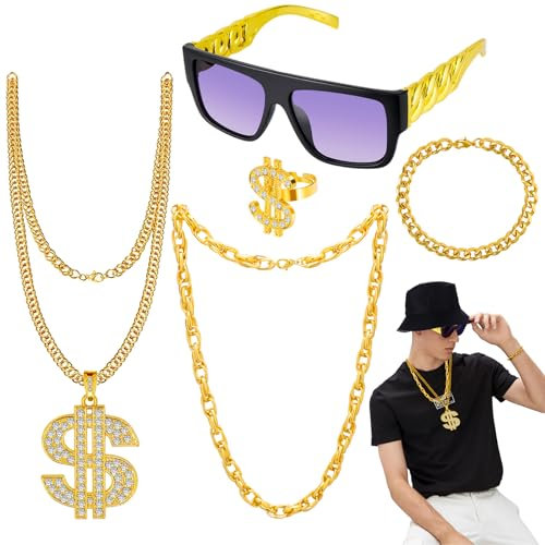 Hysagtek 5 Stück Zuhälter Kostüm Herren, 80er 90er Jahre Outfit mit Goldkette Herren, Sonnenbrille, Dollar Kette, Ringe, Hip Hop Kostüm Herren für Gangster Gang, Karneval, Mottoparty