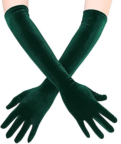 HugeDE Long Velvet Opera Gloves - Stretchy Elbow Length Evening & Wedding Gloves for Women - Dark Green