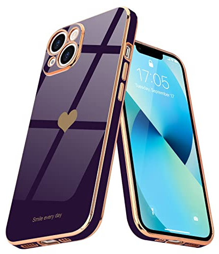 Teageo for iPhone 13 Case Cute Heart Pattern for Women Girls Slim Luxury Bling Plating Soft TPU Anti-Scratch Shockproof Bumper Phone Case for iPhone 13, Dark Purple