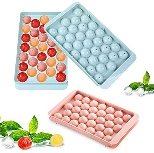 ZIOYA 2 Stück Runde Eiswürfelform mit Deckel Ice Cube Tray Eiswürfelbehälter 66 Stück Eiskugelformen für Eiskühlung Tee und Kaffee Whiskey Eisbier Cocktail Saft (Blaue und Rosa)