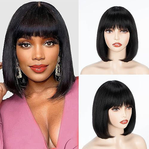 FASHION IDOL Bob Echthaar-Perücke mit Pony für schwarze Frauen kurzes glattes Haar 25CM natürliches schwarzes klebstofffreies maschinell hergestelltes kurzes Bob Perücken