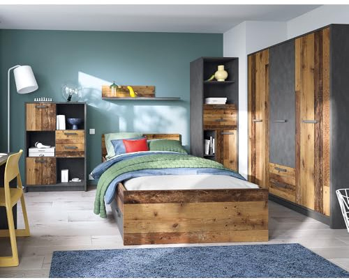 Lomadox Jugendzimmer Komplett-Set mit Bett 120x200, in grau mit Holz, Kleiderschrank 3-türig, Regal, Bücherregal, Doppelbett, Schreibtisch, Studentenzimmer, Kinderzimmer