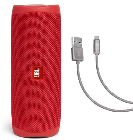 JBL Flip 5 (Red) + Bundle with Case Logic Braided USB Type-C Charge & Sync (6 feet, Gray)