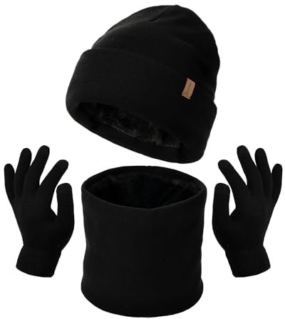 FURTALK Unisex Winter Beanie Mütze Schal und Handschuhe im 3er-Set Herren Damen Wintermütze Winterschal Touchscreen Handschuhe mit weiches Fleecefutter