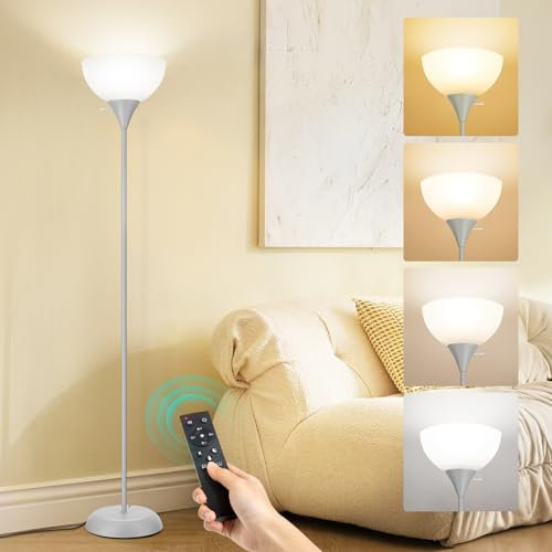OUTON Stehlampe Wohnzimmer, LED Dimmbar Deckenfluter, 9W 1000LM Stehlampen mit Fernbedienung, 4 Farbtemperatur und 1H Timer, Speicherfunktion, Stehleuchte für Schlafzimmer, Büro (Grau)