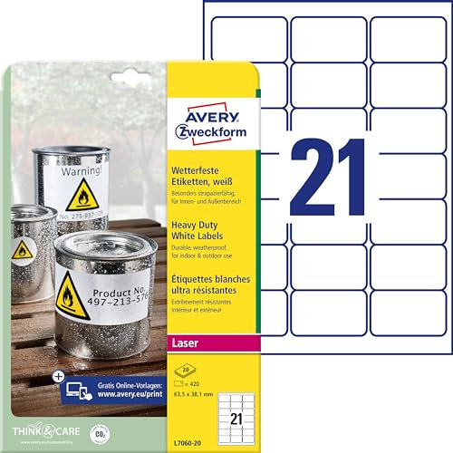 AVERY Zweckform L7060-20 Wetterfeste Folienetiketten (420 Klebeetiketten, 63,5x38,1mm auf A4, extrem stark selbstklebend, wasserfest, strapazierfähig, bedruckbare Outdoor Klebefolie) 20 Blatt, weiß
