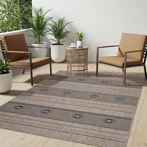 TAPISO Melissa In & Outdoorteppich Braun Schwarz Geometrisch 120 x 170 cm | 100% Polypropylen, 6 mm Florhöhe, gewebt