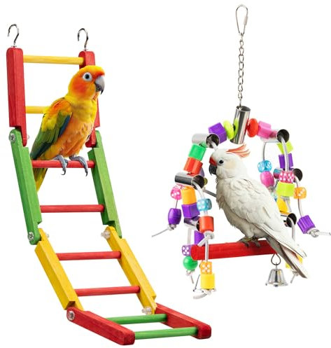 Navaris Juguete de loro, juego duradero de columpio y escalera, juguetes coloridos para pájaros pequeños a medianos, cacatúa, periquito, accesorios para periquitos
